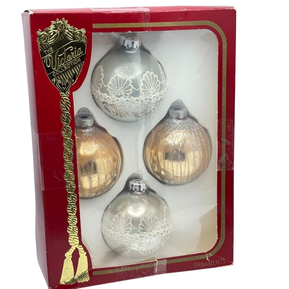 Victoria Col. Vtg Glass Christmas Ornament Set Of 4 Gold Silver Glitter Lace